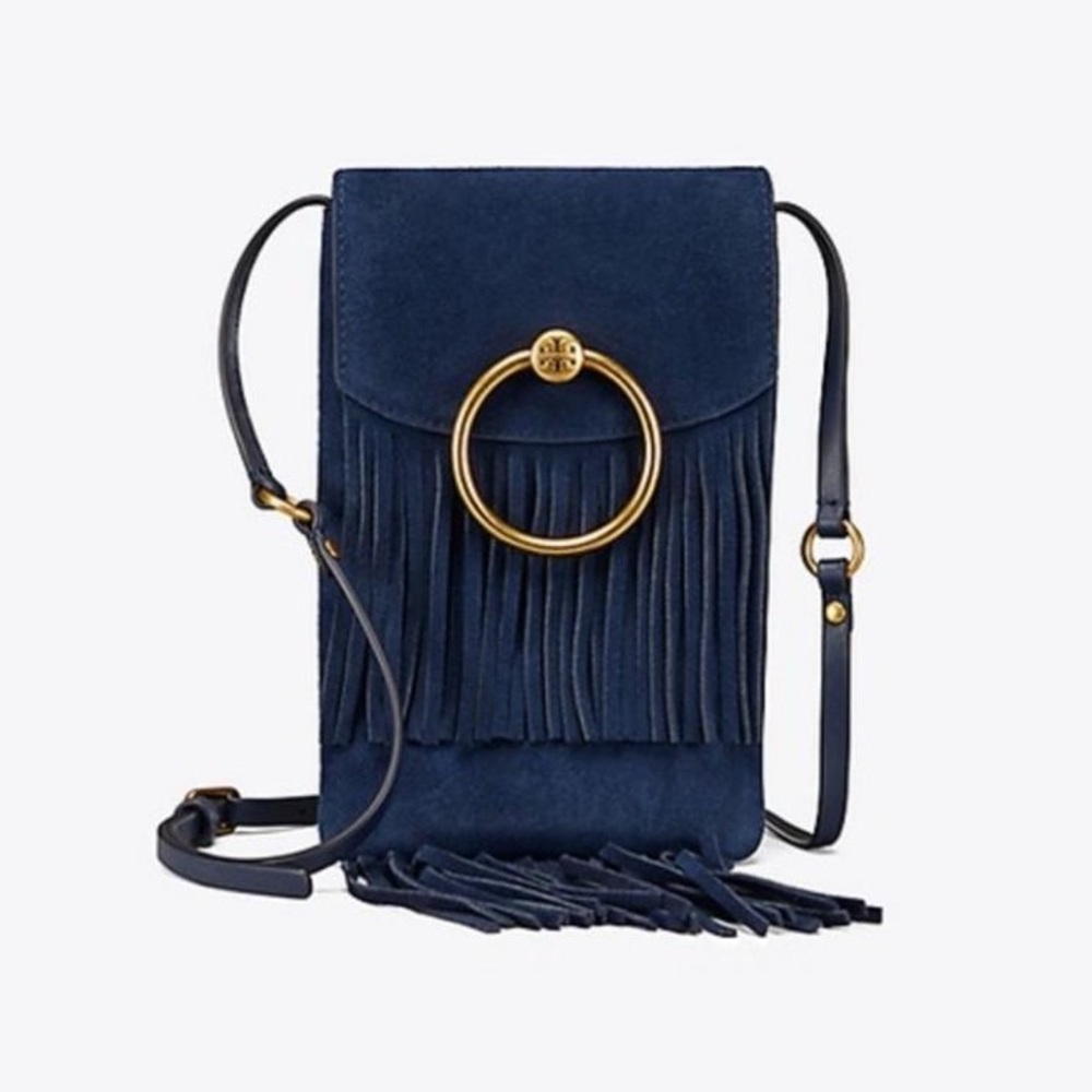 Tory Burch Navy Suede Crossbody Mini Bag with Fringe